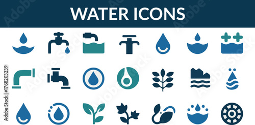 Water Icons, Utility Infrastructure Symbols, SDG 6 Sustainability Set, Minimalist Vector Collection
