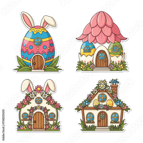 Four whimsical Easter-themed houses, including egg-shaped structures with bunny ears and flower-covered cottages, all with doors and decorative elements.