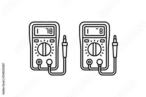 Two digital multimeters with probes and display showing one point seven eight line art