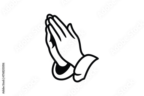 A graphic depiction of praying hands in black and white line drawing style