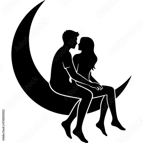 A loving couple sitting on a half moon. Symbol of dreamy night and romantic moments. Silhouette of man and woman. Ideal for Valentine's Day. Isolated vector design on white background.