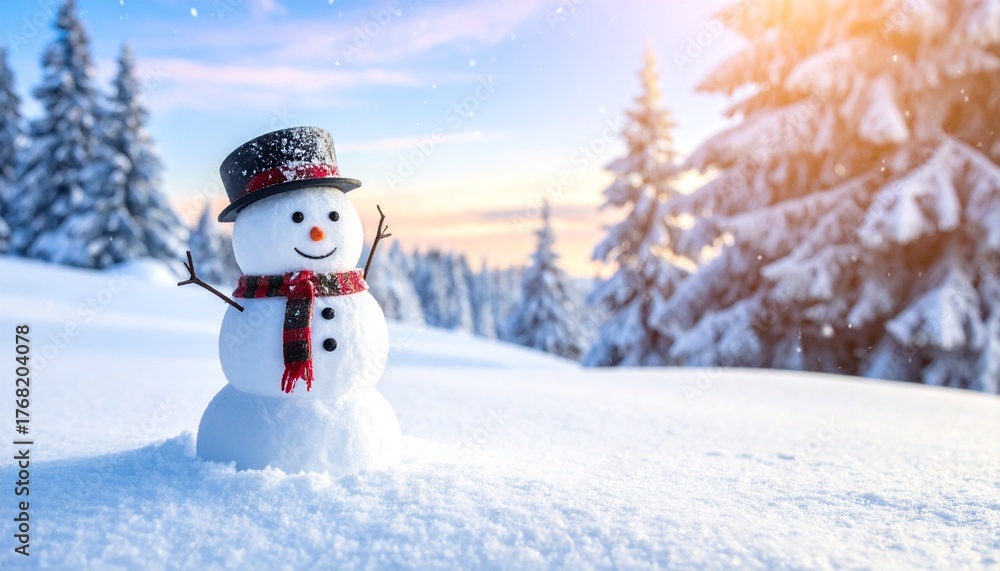 Fototapeta premium Cheerful Snowman in Sunny Snowy Landscape with Evergreen Trees