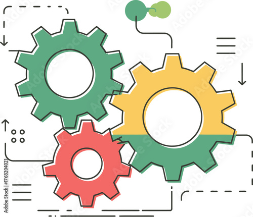 Illustration of three interconnected gears in green yellow and red with lines