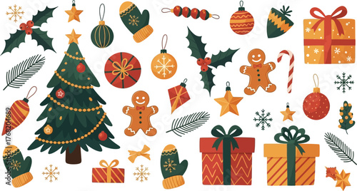 Collection of festive christmas ornaments and decorations including gingerbread men presents and candy canes on a white background