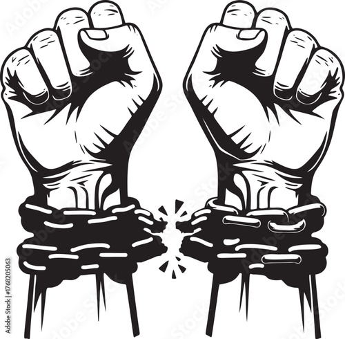 Breaking Chains Fist Illustration: Symbol of Freedom, Liberation, Empowerment, Protest Art, Black and White Vector Graphic