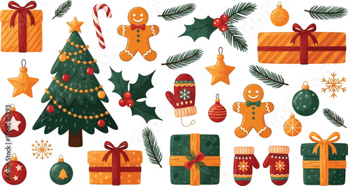 Collection of festive christmas decorations including gifts ornaments gingerbread cookies and holly