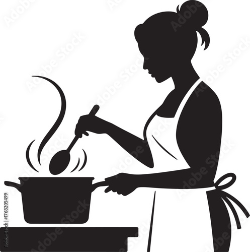 Female Silhouette Cooking Food Stirring Pot, Transparent Backdrop, Culinary Preparation