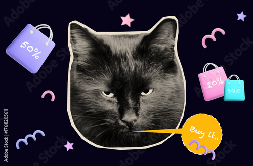 Big discounts. A black cat advertises a mega sale. Low prices, great discounts. Scrapbook elements for a collage, cut out pieces of magazine paper. Cat head with speech bubble and bags. Vector banner.