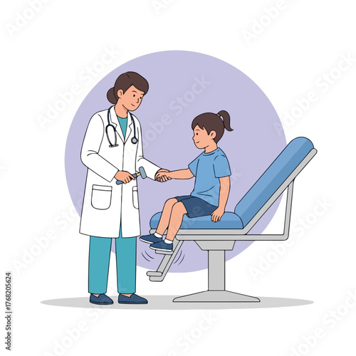 Doctor checks reflexes of young girl sitting on examination table in medical office during routine checkup, ensuring healthy development.