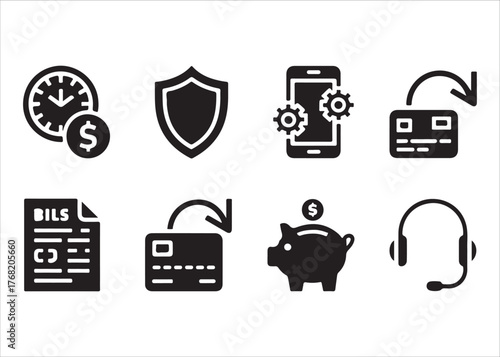  Financial services icons representing time money security mobile payment savings and support