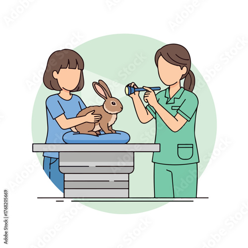 Veterinarian examining a cute brown rabbit with otoscope on examination table while owner holds it gently in a veterinary clinic, providing care and treatment.