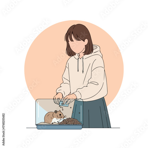 Young woman feeding hamster in its cage at home, showing care and affection for her pet in a simple, heartwarming scene.