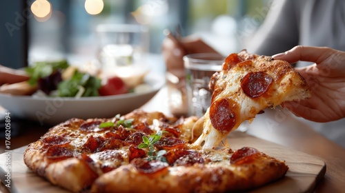 Sharing pepperoni Chicago pizza with melty cheese at a restaurant table