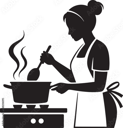 Silhouette of Woman Preparing Meal on Stove Top in Kitchen Cooking with Pot Illustration
