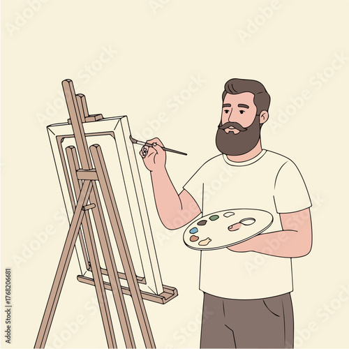 Bearded man painting on canvas in bright studio, holding palette and brush, expressing creativity and artistic passion through his work.