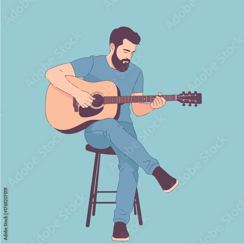 Bearded man playing acoustic guitar while sitting on stool against a light blue backdrop, showcasing musical talent and passion in a simple, modern style.