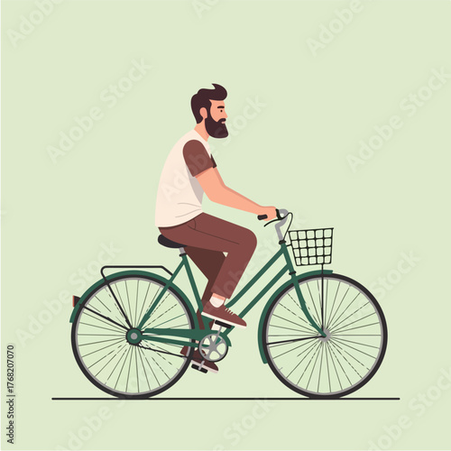Man riding bicycle on a quiet street with a basket, enjoying the fresh air and sunshine on a pleasant afternoon, creating a sense of freedom and adventure.