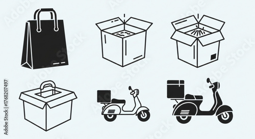 Illustrative icons showcasing shopping bag, open boxes, and delivery scooters in a vector format created with generated ai