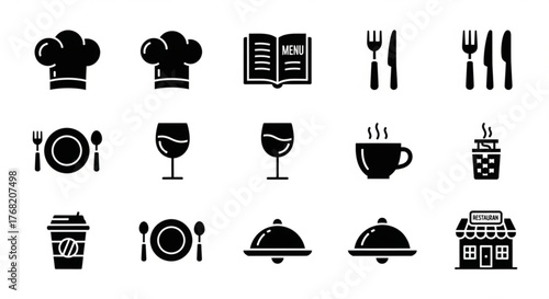 Collection of restaurant related icons including chef hats, menu, cutlery, drinks and a restaurant facade created with generated ai
