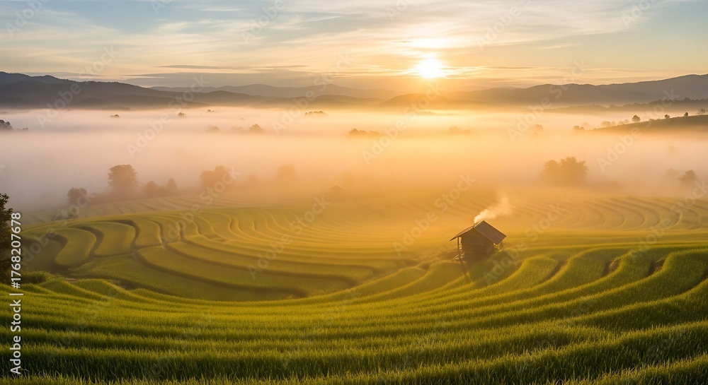 Fototapeta premium Rice Terraces at Sunrise with Fog and Small Hut in Landscape