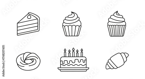 Outline drawing of a cake slice, two cupcakes, a pastry, birthday cake and croissant icon set created with generated ai
