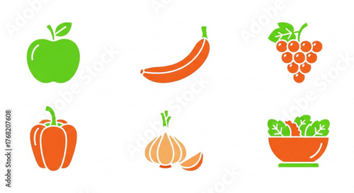 Illustration of six different fruits and vegetables in green and orange color scheme on a white background created with generated ai