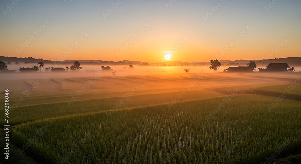 Obraz premium Sunrise Over Foggy Rice Fields With Rural Village Scenery