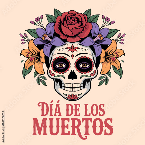 Día de los Muertos Sugar Skull with Flowers and Text Illustration