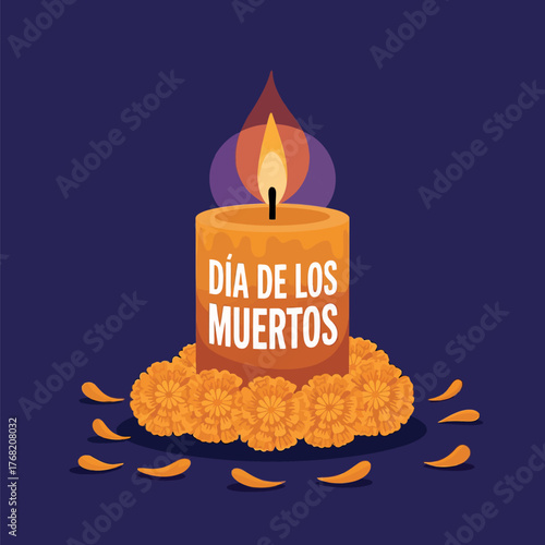 Día de los Muertos Candle and Marigolds with bright Background