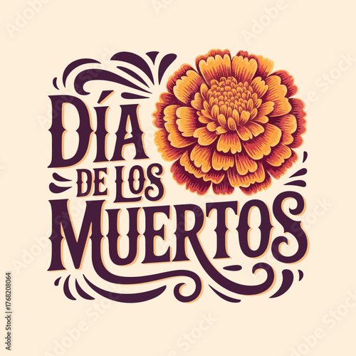 Día de los Muertos Marigold Flower Illustration with Text