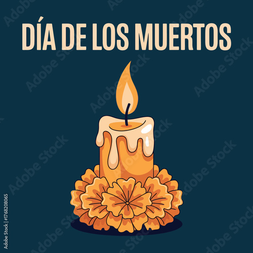 Día de los Muertos Candle and Marigolds with bright Background