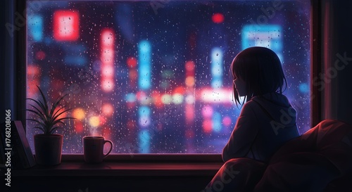A Cinematic 4k Lofi Hip Hop Music Background and Anime Style Wallpaper Illustration of a Girl at a Rainy Window with a Coffee Mug watching Neon City Lights, a Peaceful Lofi Scene.