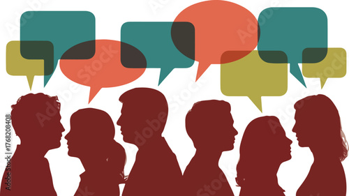 Silhouettes with speech bubbles above them silhouettes, speech, bubbles, people, communication, dialogue, conversation, heads, profiles, talking, sharing, ideas, thoughts, opinions, groups, crowd,