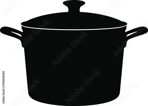 Stock Pot Silhouette with Lid Kitchen Utensil Cooking Equipment Black Vector Illustration