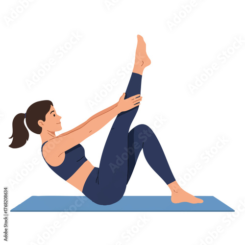 Simplified flat vector graphic showing a fit woman executing a seated roll-up Pilates exercise on a blue mat, emphasizing core strength and controlled abdominal movement on a bright white background.