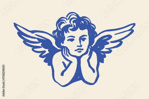 cherub with wings sketch blue brush line vector illustration