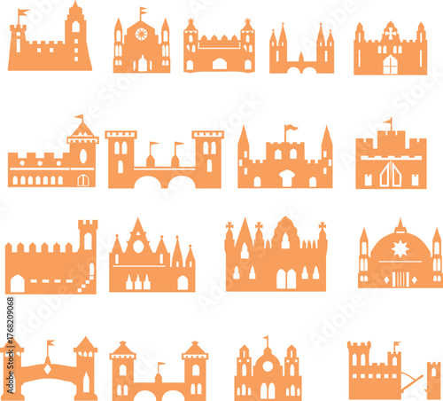 Cartoon Castle and Fortress Silhouettes Vector Icon Set: Orange Medieval Architecture and Fairy Tale Royal Palace Symbols