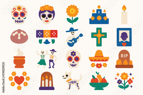 Día de Muertos Vector Icon Set Mexican Day of the Dead Symbols and Decorations