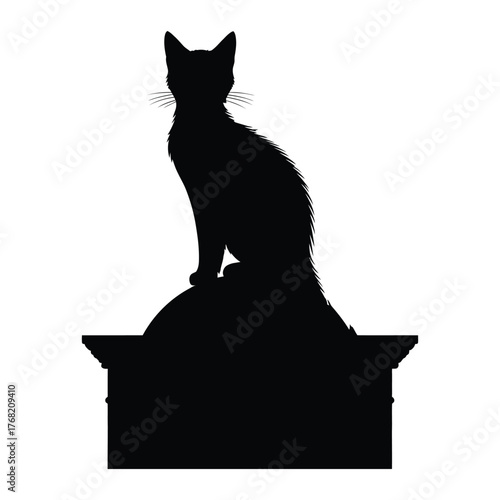 Ghostly cat sitting on gravestone Silhouette, Vector, Illustration