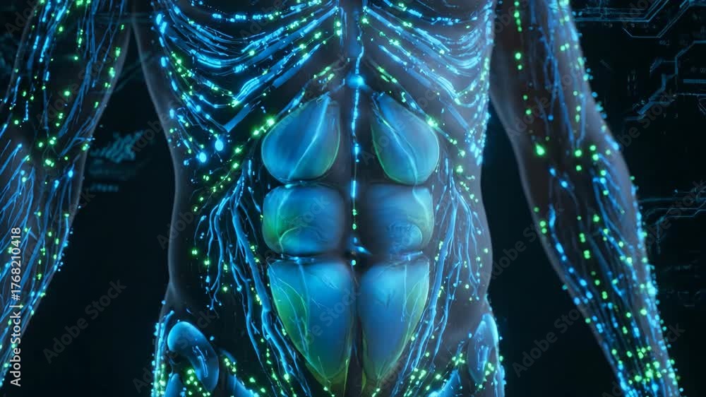 Human anatomy is detailed with glowing circulatory system showing full ...
