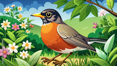 Very beautiful, American robin (Turdus migratorius) in spring searching for food, surrounded by fresh green grass and blossoms, symbolizing renewal and life across North America’s natural landscape.