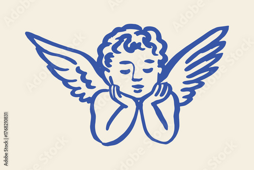  cherub with wings sketch blue brush line vector illustration