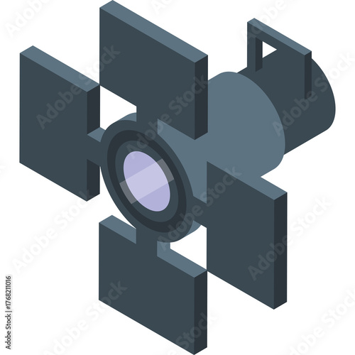 Isometric Illustration of a Dark Grey Studio Spotlight with Four Adjustable Barn Doors and a Light Source Visible Through the Lens on a Transparent Background