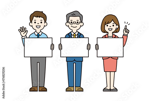 ボードを持って説明する、経営者と若い男女の社員の全身ベクターイラスト素材セット＿カラー