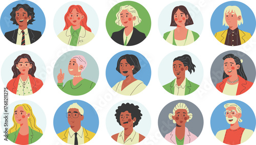 Diverse illustrated portraits, colorful avatars, multicultural characters, professional people icons, inclusive design, stylized faces, cartoon profile set, vibrant expressions