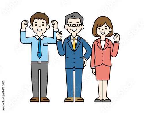ガッツポーズをする、スーツを着たビジネスマンの男女の全身ベクターイラスト素材セット＿カラー