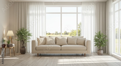 Bright Living Room With Comfortable Sofa And Large Windows