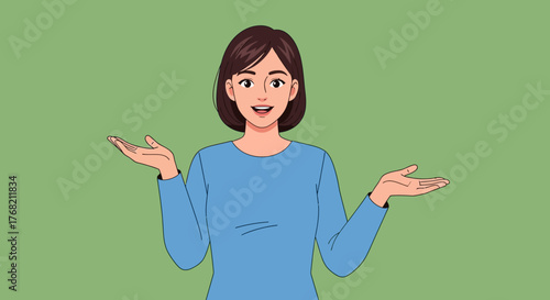 A cheerful cartoon woman with brown hair wearing a blue shirt gesturing with her hands against a green background.