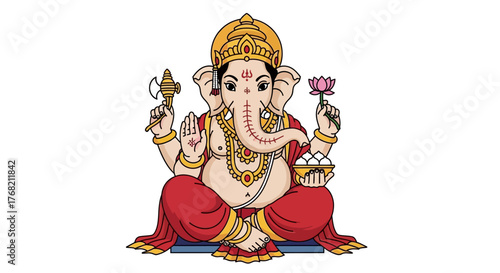 Illustration of the Hindu deity Ganesha sitting cross-legged with multiple arms and a trunk, wearing a crown and jewelry on a white background.