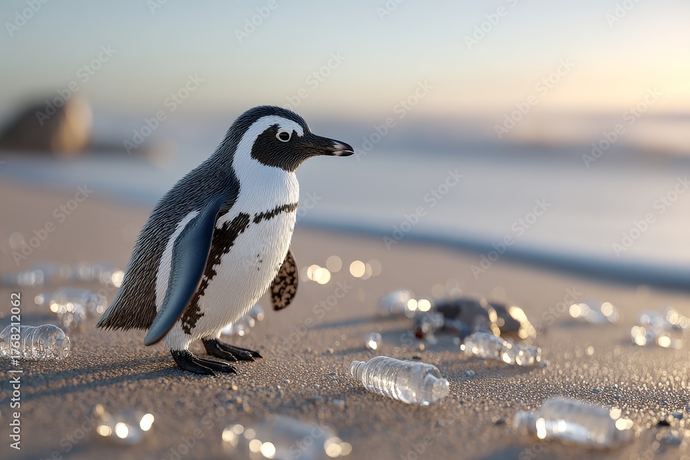 Fototapeta premium A penguin stands on a beach with plastic bottles scattered around, highlighting environmental pollution issue.